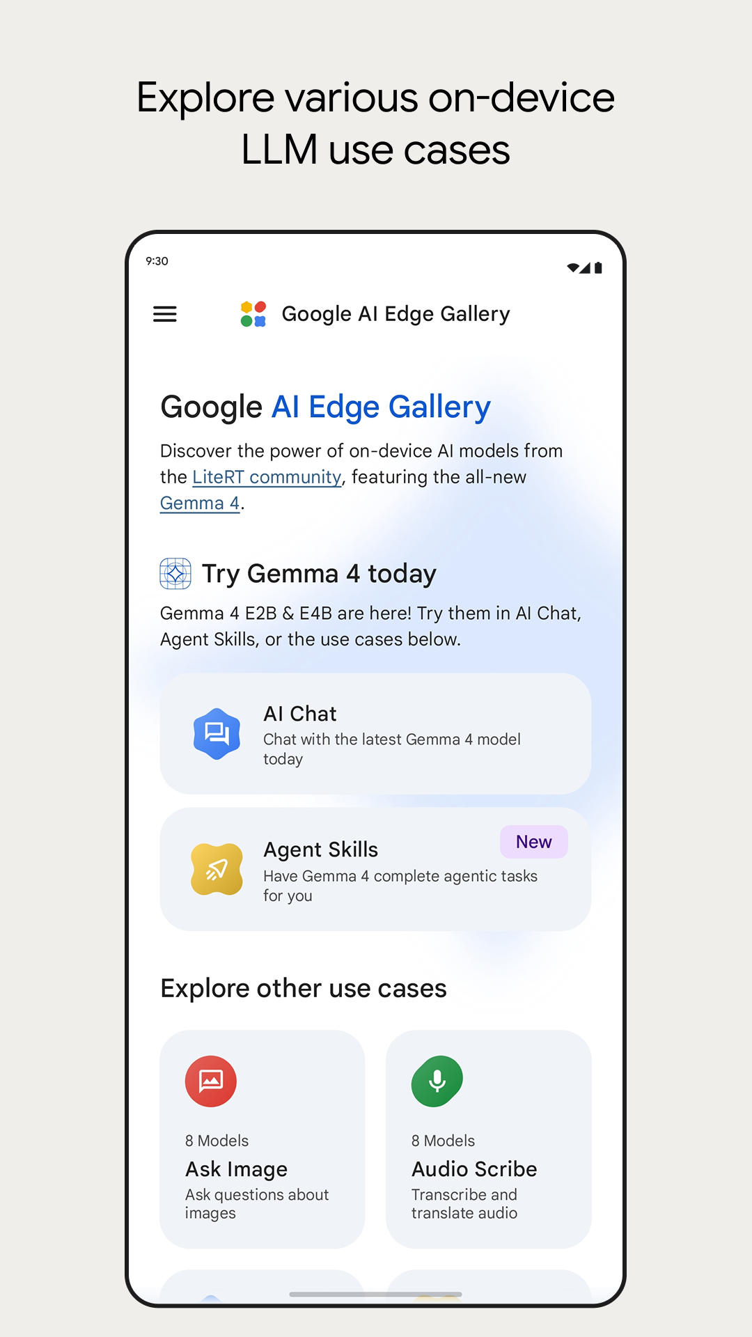 Google AI Edge Gallery 메인 화면 공식 스크린샷