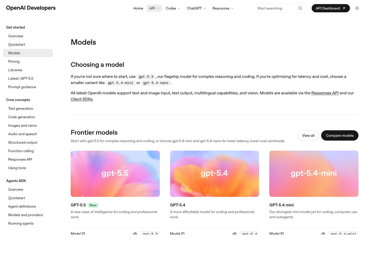 OpenAI Developers Models 문서 화면