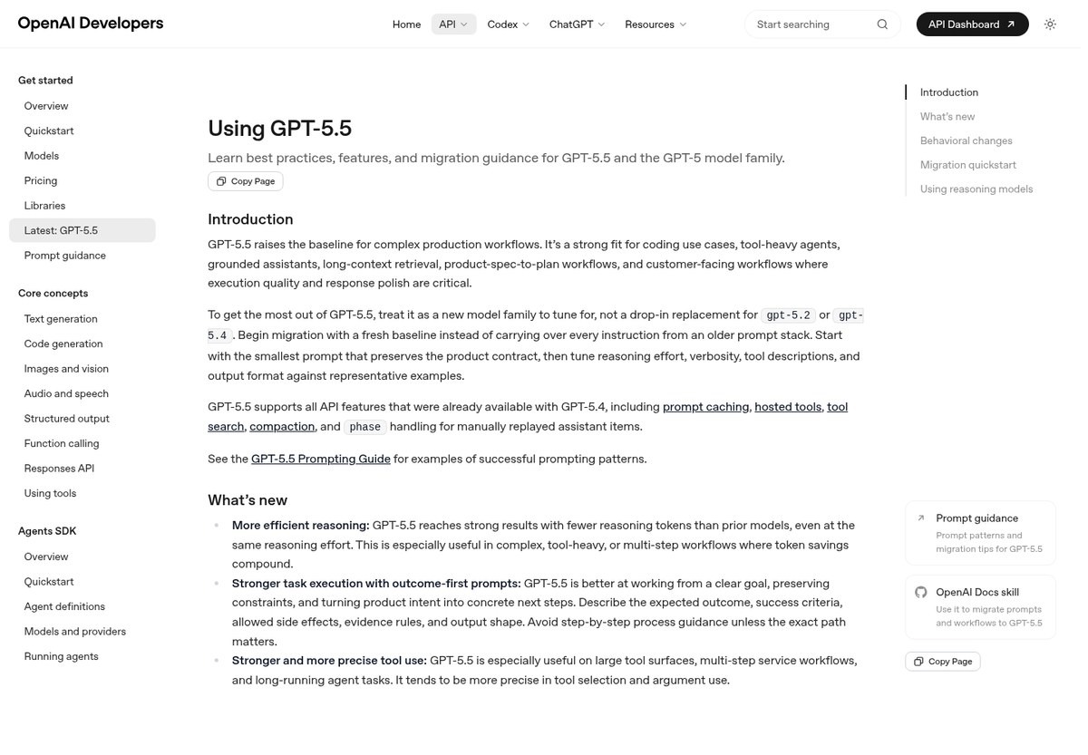 OpenAI Developers GPT-5.5 사용 가이드 화면