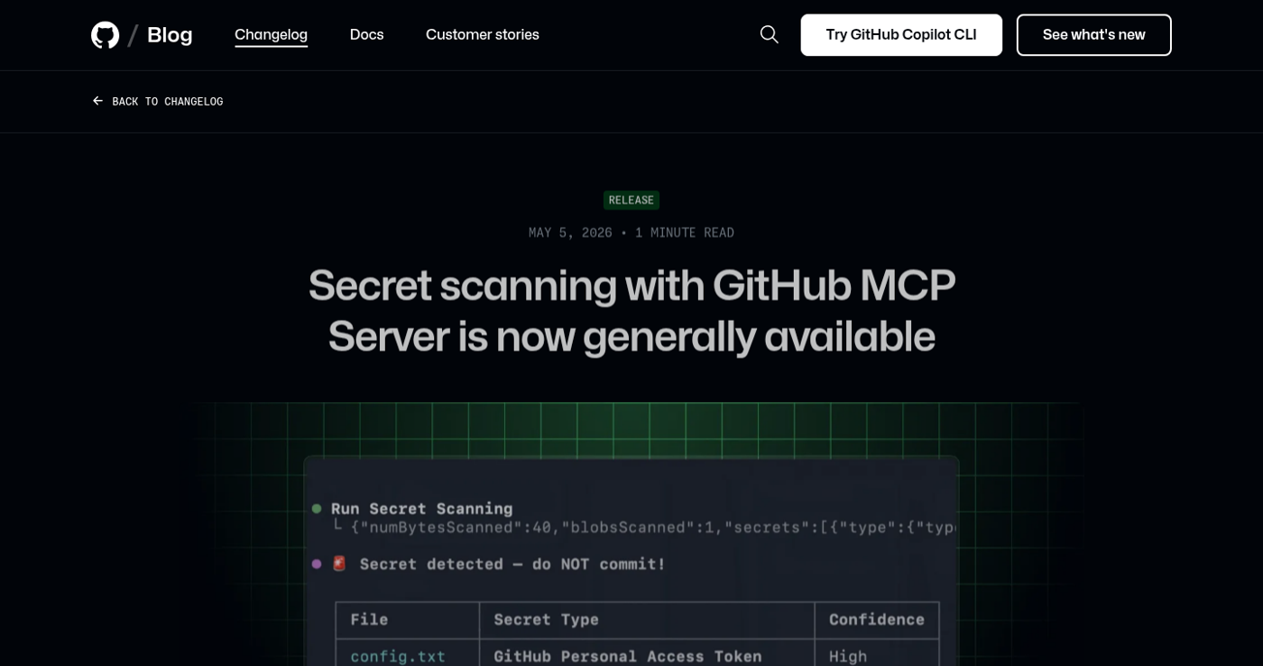 GitHub 공식 Changelog의 GitHub MCP Server secret scanning GA 발표 화면